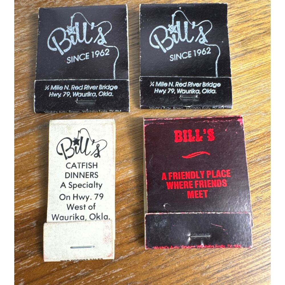 Bill's Catfish Waurika Oklahoma Vintage Matchbooks Red River Restaurant TX OK